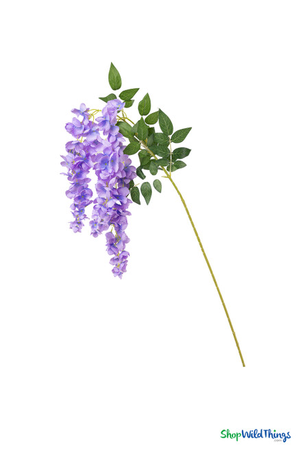 Full view of 45 inch lavender artificial wisteria floral spray with three cascading garland shoots and green leaves on white background from ShopWildThings.com