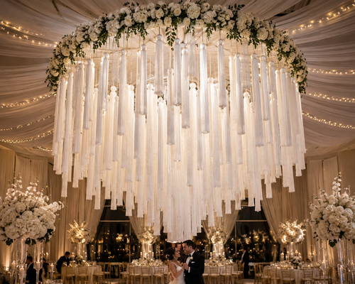 A breathtaking luxury wedding reception featuring an oversized white tassel chandelier suspended above the dance floor. Hundreds of flowing white tassels cascade from a circular floral frame covered in lush white roses and greenery, creating a dramatic floating centerpiece. Warm candlelight, elegant draping, and soft golden lighting enhance the romantic atmosphere while the tassels create beautiful movement and texture throughout the grand ballroom.