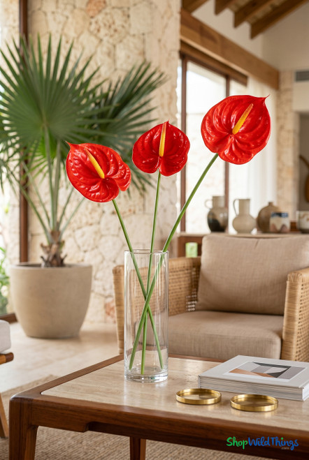 Three Real Feel Red Anthurium Tropical Stems arranged in a tall glass cylinder vase on a table in a luxury resort lounge setting