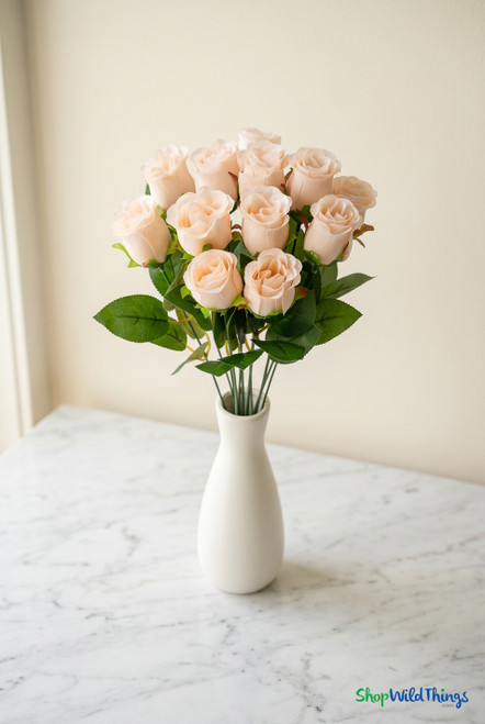12 Silk Rose Bud Bundle – 19.5" Peach Floral Spray by ShopWildThings, realistic peach silk rose buds arranged in a white vase for elegant event and home floral styling