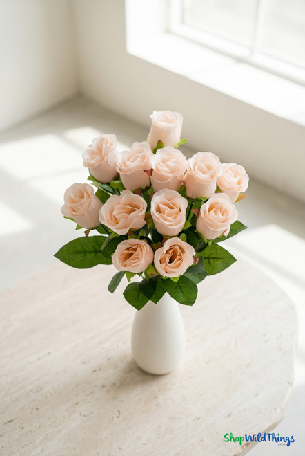 12 Silk Rose Bud Bundle – 19.5" Peach Floral Spray by ShopWildThings, soft peach artificial rose buds styled in a white vase for bridal showers, weddings, and romantic centerpieces