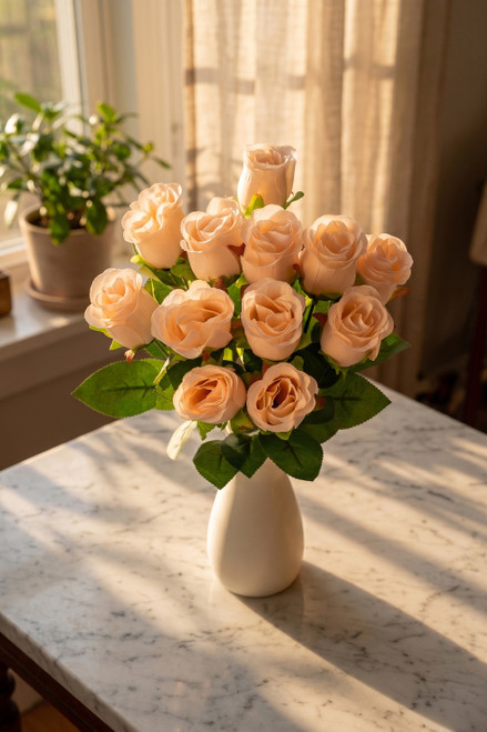12 Silk Rose Bud Bundle – 19.5" Peach Floral Spray by ShopWildThings, luxury peach artificial rose bouquet styled in warm natural light for weddings and special events