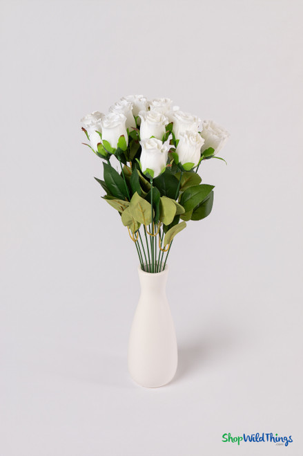 12 Silk Rose Bud Bundle – 19.5" Ivory Floral Spray with realistic green foliage from ShopWildThings.com