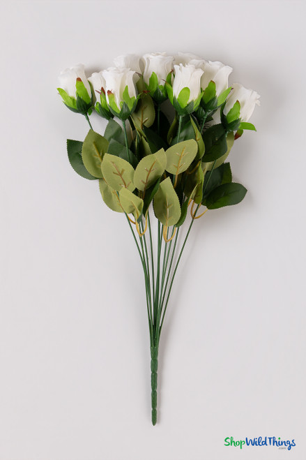 Full view of 19.5" ivory silk rose bud bundle showing individual stems, realistic leaves, and soft cream rose buds