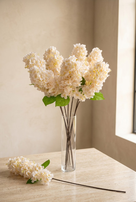 43" Deluxe Artificial Ivory Hydrangea Cone Flower Stem from ShopWildThings.com arranged in a clear cylinder vase for luxury wedding and home decor