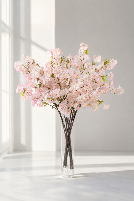 40" Artificial Light Pink Cherry Blossom Branch – Vivid Spring Flowering Stem for Event Decor from ShopWildThings.com arranged in a tall clear glass vase for a minimal editorial event centerpiece look.