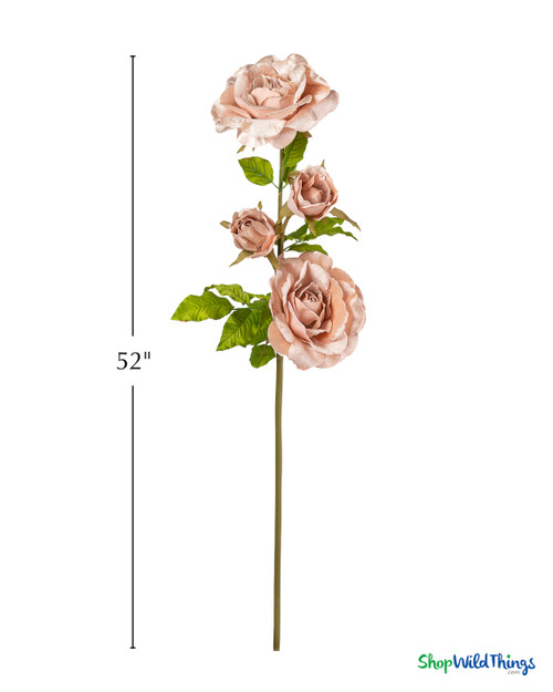 52 inch oversized champagne velvet rose stem with measurement guide showing large faux roses and bendable greenery