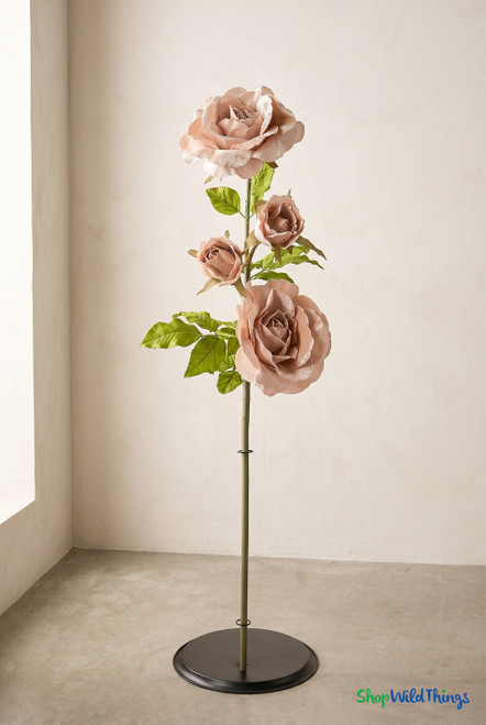 Oversized champagne velvet roses displayed in black metal holder in a naturally lit minimal interior space