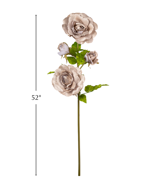 Oversized Champagne Velvet Roses on Stem 52" with measurement guide showing two large blooms, two rose buds, and green leaves, ShopWildThings.com