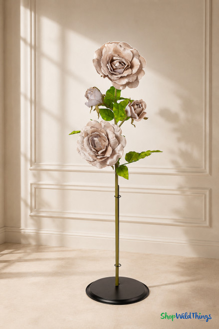 Oversized Champagne Velvet Roses on Stem 52" displayed on black round oversized flower holder base for luxury event decor, ShopWildThings.com