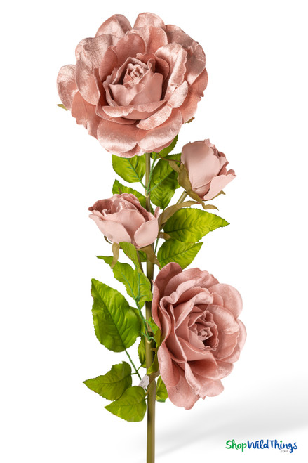 Oversized Mauve Pink Velvet Roses on Stem 52" close-up showing full faux velvet rose blooms and green leaves, ShopWildThings.com