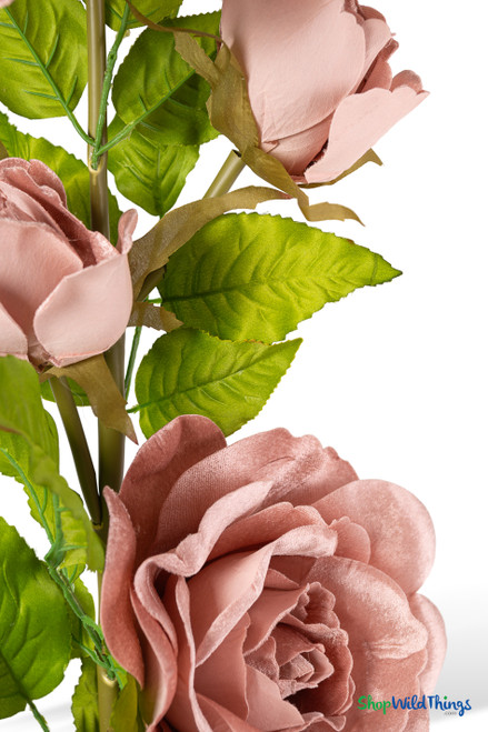 Oversized Mauve Pink Velvet Roses on Stem 52" detail view of rose buds, bendable leaves, and oversized floral stem, ShopWildThings.com