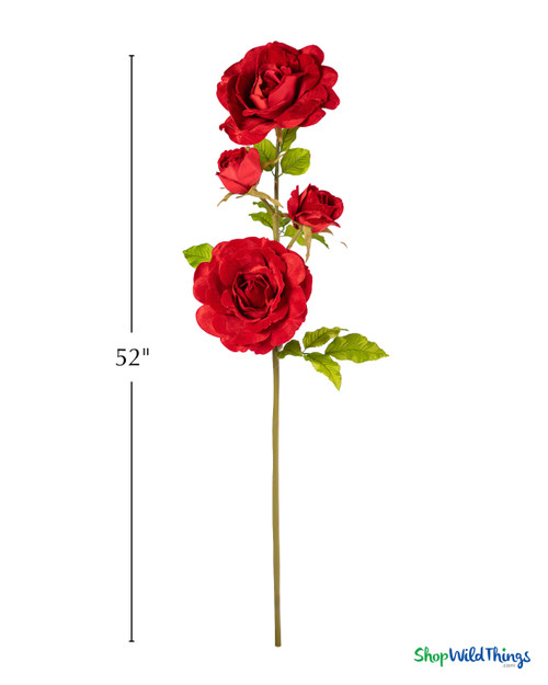 Oversized Red Velvet Roses on Stem 52" with measurement guide showing two large blooms, two rose buds, and green leaves, ShopWildThings.com