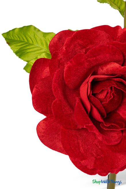 Oversized Red Velvet Roses on Stem 52" macro detail showing rich red velvet petal texture and green leaf detail, ShopWildThings.com