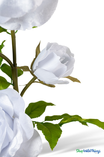 Oversized White Velvet Roses on Stem 52" close-up of white rose bud and leaf detail on stem, ShopWildThings.com