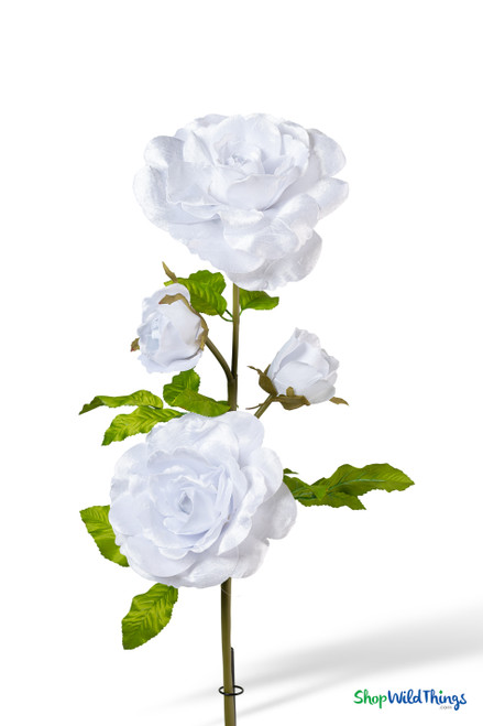 Oversized White Velvet Roses on Stem 52" close-up showing full faux velvet rose blooms, rose buds, and realistic green leaves, ShopWildThings.com