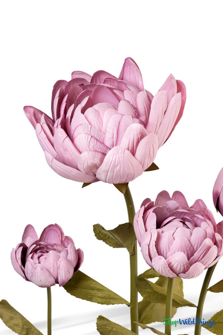 Oversized Dusty Pink Artificial Silk Lotus Flower from ShopWildThings.com shown in multiple floor-standing sizes with pink ombre silk petals, green stems, leaves, and black display bases