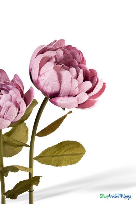Oversized Dusty Pink Artificial Silk Lotus Flower from ShopWildThings.com shown in multiple floor-standing sizes with pink ombre silk petals, green stems, leaves, and black display bases
