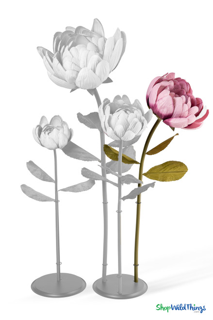 Oversized Dusty Pink Artificial Silk Lotus Flower from ShopWildThings.com shown in multiple floor-standing sizes with pink ombre silk petals, green stems, leaves, and black display bases