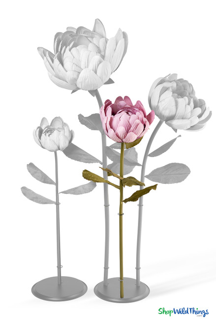 Oversized Dusty Pink Artificial Silk Lotus Flower from ShopWildThings.com shown in multiple floor-standing sizes with pink ombre silk petals, green stems, leaves, and black display bases
