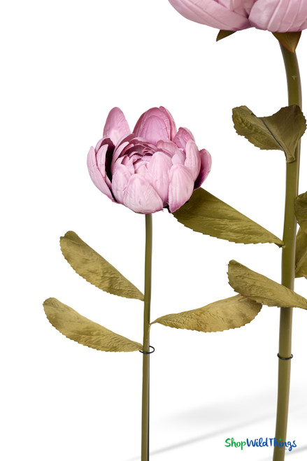 Oversized Dusty Pink Artificial Silk Lotus Flower from ShopWildThings.com shown in multiple floor-standing sizes with pink ombre silk petals, green stems, leaves, and black display bases