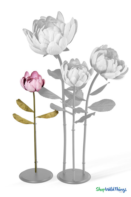 Oversized Dusty Pink Artificial Silk Lotus Flower from ShopWildThings.com shown in multiple floor-standing sizes with pink ombre silk petals, green stems, leaves, and black display bases