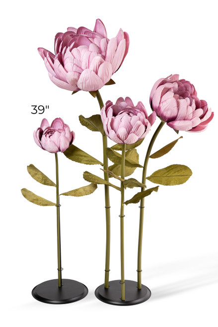 Oversized Dusty Pink Artificial Silk Lotus Flower from ShopWildThings.com shown in multiple floor-standing sizes with pink ombre silk petals, green stems, leaves, and black display bases