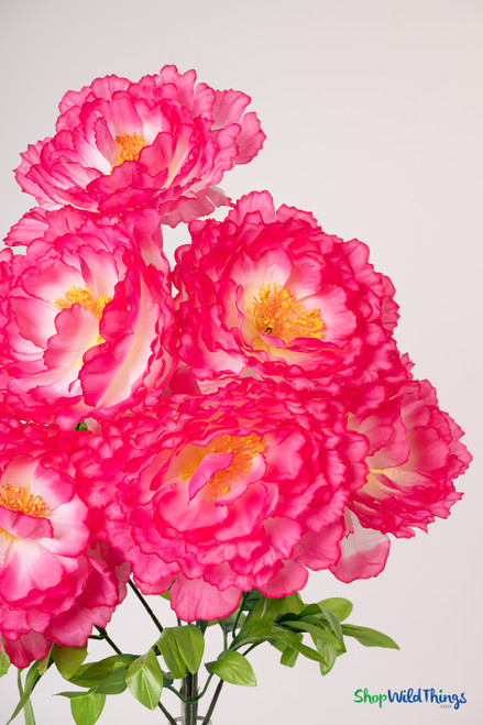 Enchanting Beauty Pink Silk Peony Bouquet 30 inch close-up showing oversized pink silk peony blooms, yellow centers, and green leaves, ShopWildThings.com