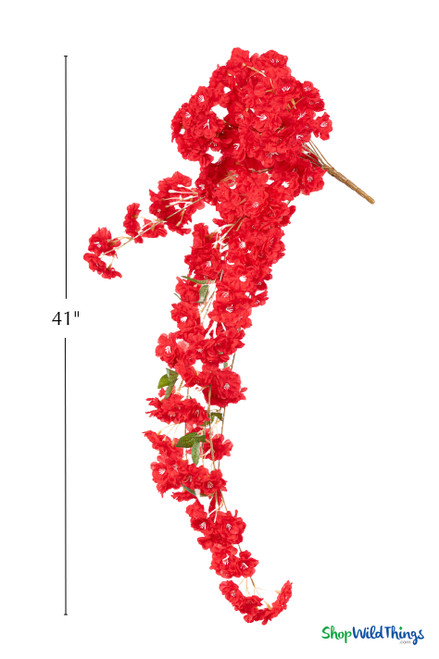 41" Red Cascading "Spring Blossom" Spray – Extra-Full Silk Floral Waterfall from ShopWildThings.com displayed on a white background with a 41-inch size guide, showing the full cascading shape, vivid red silk blossoms, trailing stems, and green leaves.