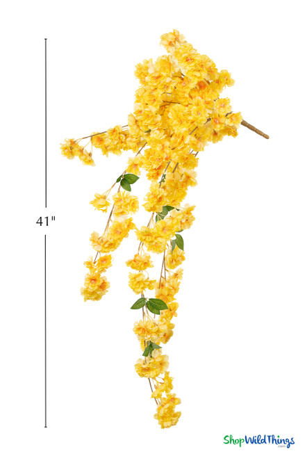 41" Yellow Cascading "Spring Blossom" Spray – Extra-Full Silk Floral Waterfall from ShopWildThings.com displayed on a white background with a 41-inch size guide, showing the full cascading shape, bright yellow silk blossoms, bendable brown stems, and green leaves.