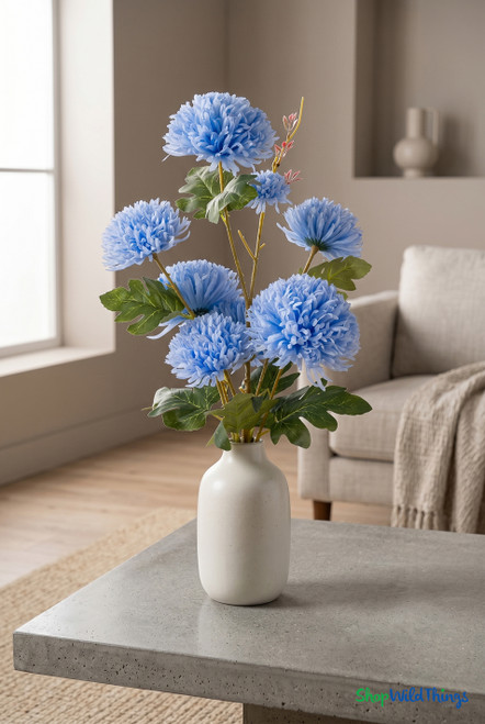 Blue Faux Chrysanthemum Bouquet – 27" Faux Floral Stem (8 Heads) displayed in a simple vase on a modern coffee table for home decor, ShopWildThings.com
