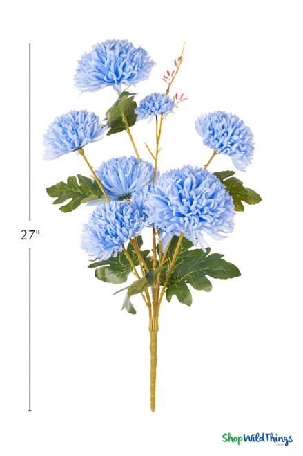 Blue Faux Chrysanthemum Bouquet – 27" Faux Floral Stem (8 Heads) shown on white with 27 inch height guide and full 8-head blue chrysanthemum design, ShopWildThings.com