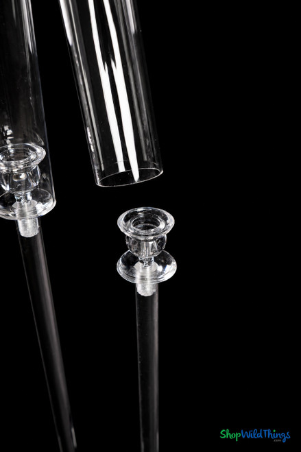Timeless Luminosity: The "Solange" 3-Stem Acrylic Candelabra detail showing removable clear hurricane tube and acrylic taper candle holder - ShopWildThings.com