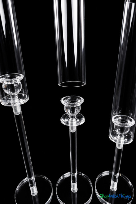 Clear Hurricane Acrylic Long Stem Candle Holder Set of 3 showing height dimensions 20.75 inch, 18.75 inch, and 16.75 inch taper candle holders by ShopWildThings