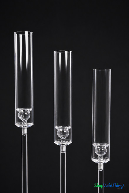 Clear Acrylic Hurricane Long Stem Candle Holder Set of 3 showing height dimensions 20.75 inch, 18.75 inch, and 16.75 inch taper candle holders by ShopWildThings