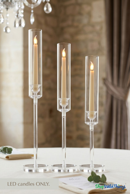 Clear Acrylic Long Stem Hurricane Candle Holder Set of 3 showing height dimensions 20.75 inch, 18.75 inch, and 16.75 inch taper candle holders by ShopWildThings