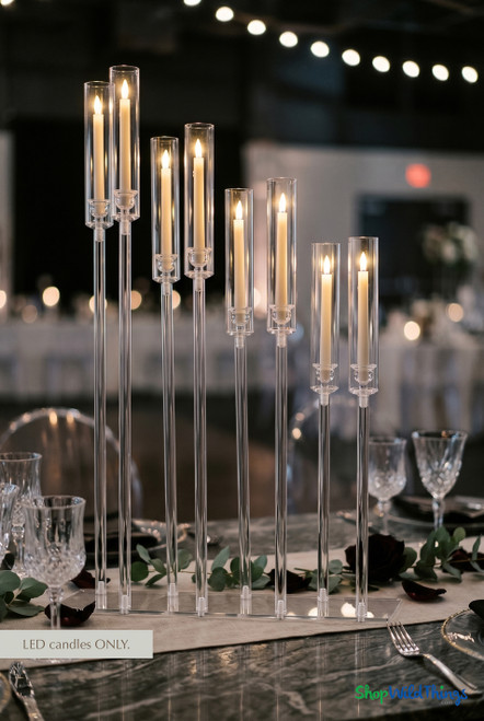 Clear Acrylic 8 Staggered "Allegra" Hurricane Candleabra Candle Holder from ShopWildThings.com