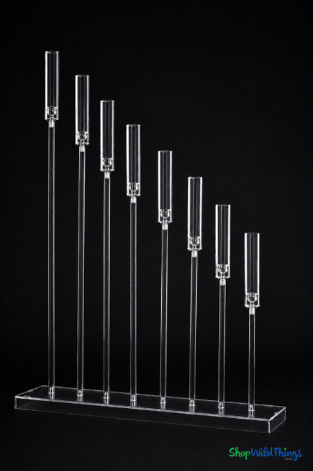 Front view of the Gwendolyn 8-stem cascading acrylic hurricane candelabra displaying staggered candle holder heights and symmetrical arrangement.