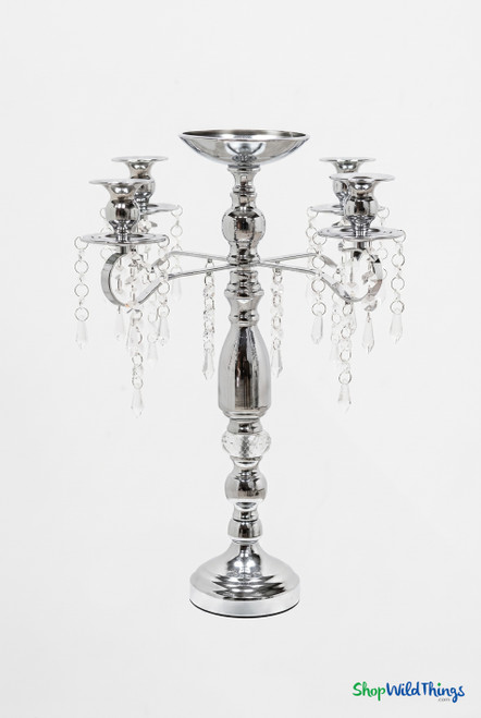 18.75" Silver Metal Candelabra Centerpiece with four sweeping arms, a raised center cup, and 16 hanging glass crystal strands on a white background from ShopWildThings.com.