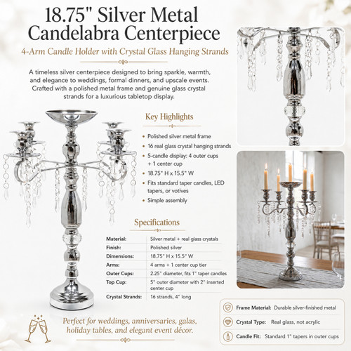 18.75" Silver Metal Candelabra Centerpiece infographic showing 18.75-inch height, 15.5-inch width, five-candle capacity, and real glass crystal strands from ShopWildThings.com.
