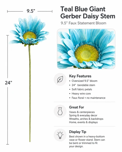 Teal Blue Oversized Daisies, Roses & Sunflowers for Photo and Party Fun at ShopWildThings.com