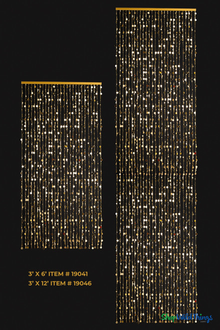 Two sizes of gold acrylic bubble beaded curtain with 27 strands hanging from a sturdy rod, reflective metallic discs in multiple sizes create a shimmering doorway or event backdrop – ShopWildThings.