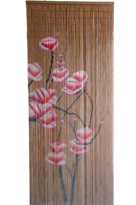 Bamboo Painted Beaded Curtain - Pink Flowers on Natural