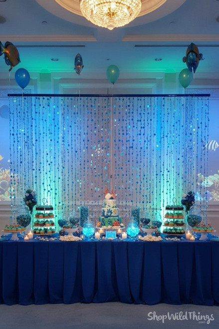 Under the Sea Party Dessert Buffet Decor with Blue Iridescent Bubbles Beaded Curtains by ShopWildThings