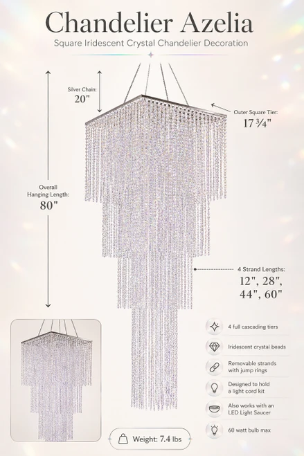 6.6 Foot Long Square Tiered Chandelier, Iridescent Crystal Beaded Lighting by ShopWildThings.com