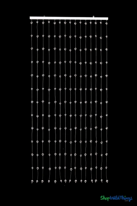 Full Clear Round Spheres Acrylic Ball Beaded Curtain with 15 strands and white hanging header on black background – ShopWildThings.com