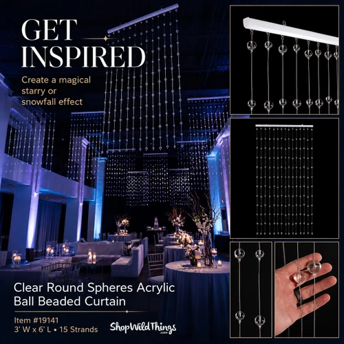 Get Inspired graphic featuring Clear Round Spheres Acrylic Ball Beaded Curtain item 19141 in luxury event installation – ShopWildThings.com
