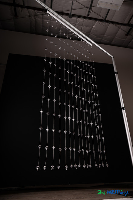 Clear Round Spheres Acrylic Ball Beaded Curtain 3' x 6' with 15 clear acrylic sphere strands hanging from white header rod – ShopWildThings.com