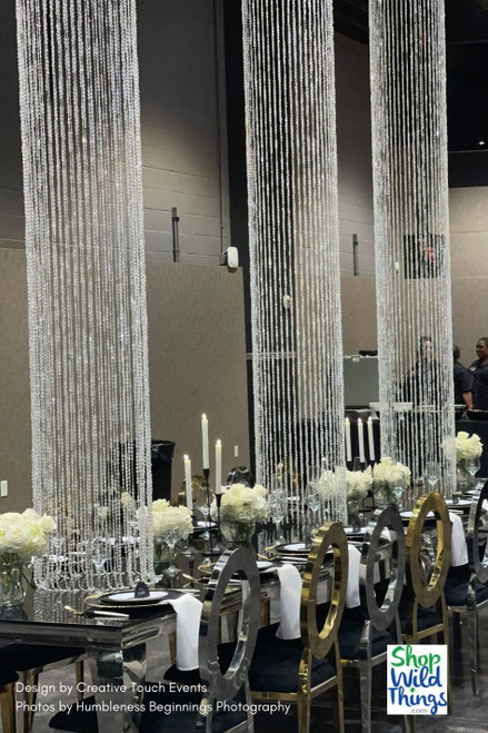 High Ceiling Event Decor Ideas with ShopWildThing’s collection of sparkling Diamonds Beaded Iridescent Columns and matching Chandeliers!