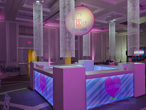 Diamonds 9-Foot Crystal Beaded Column installed in an upscale ballroom event, showcasing iridescent acrylic bead strands creating a dramatic sparkling centerpiece for events.